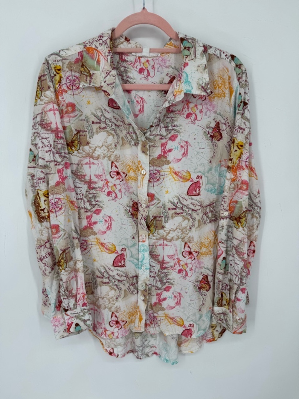 Jane + Delancey Lightweight European Printed ButtonUp Blouse Butterflies Size XL
